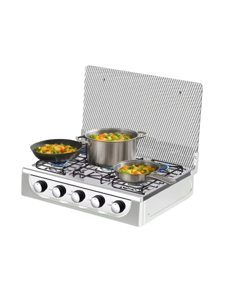 Fornello Gas Portatile 5 Fuochi Acciaio Coperchio Temperato Casa e Campeggio