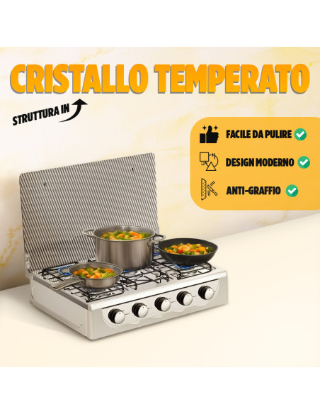 Fornello Gas Portatile 5 Fuochi Acciaio Coperchio Temperato Casa e Campeggio