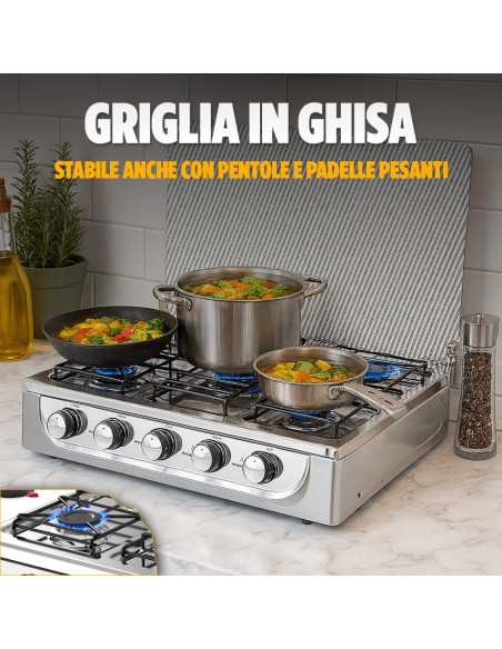 Fornello Gas Portatile 5 Fuochi Acciaio Coperchio Temperato Casa e Campeggio