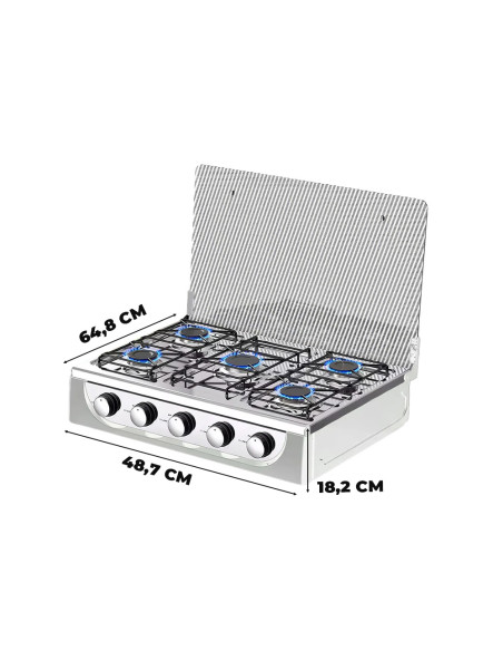 Fornello Gas Portatile 5 Fuochi Acciaio Coperchio Temperato Casa e Campeggio