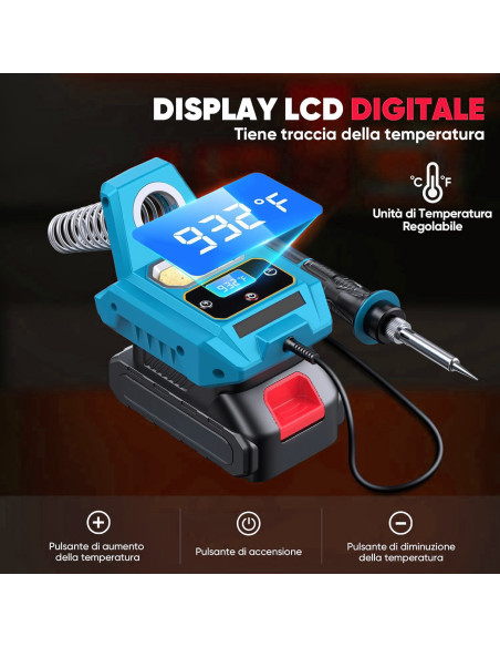 Saldatore Ricaricabile Batteria 20V Cordless Senza Fili Temperatura 500° Display