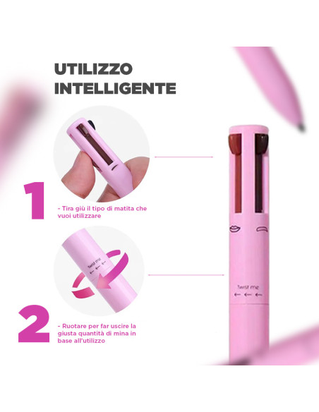 Penna Make-Up 4 in 1 Multifunzione Matita per Labbra Occhi Sopracciglia Eyeliner