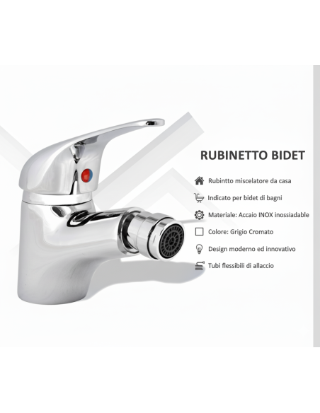Miscelatore Rubinetto Acciao Inox Bagno Lavabo Bidet Cromato Tubi Flessibili