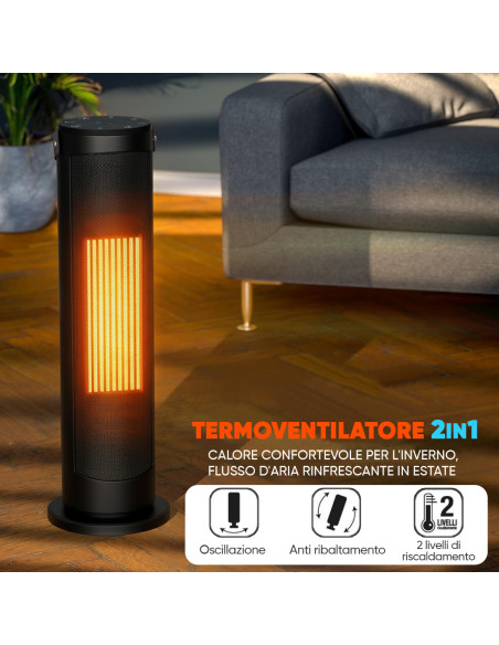 Stufa Elettrica 2000W a Colonna 2in1 con Protezione Anti-surriscaldamento