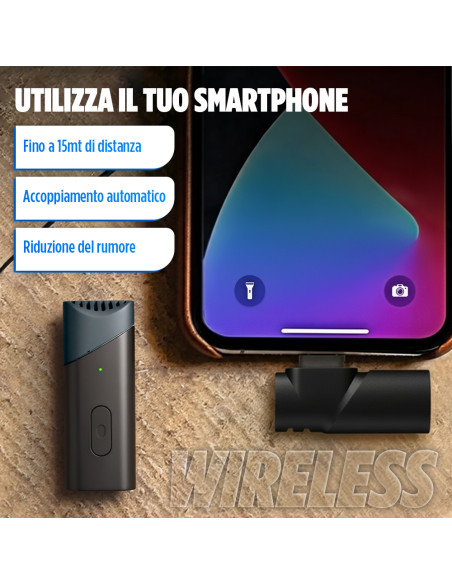 Microfono Wireless Type C 6 Ore Autonomia Portata 10-15m
