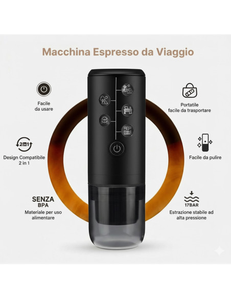 Macchina da Caffè Espresso Portatile 17 Bar con Capsule e Caffè Macinato