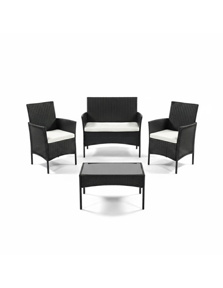 Set Divano da Esterno WATAMU 4 Posti in Polyrattan Nero con Tavolino e Cuscini