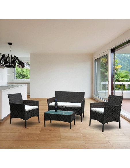 Set Divano da Esterno WATAMU 4 Posti in Polyrattan Nero con Tavolino e Cuscini