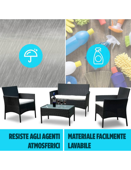 Set Divano da Esterno WATAMU 4 Posti in Polyrattan Nero con Tavolino e Cuscini