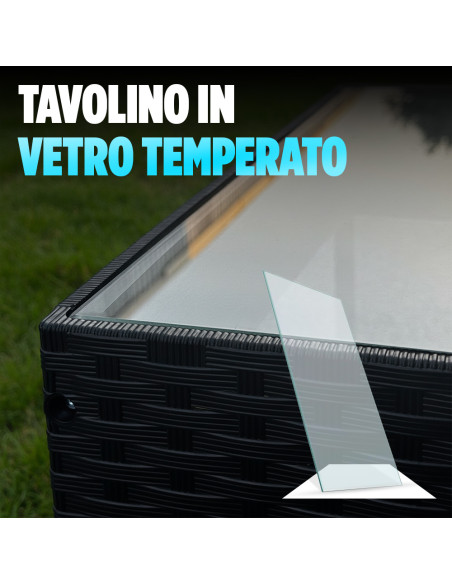 Set Divano da Esterno WATAMU 4 Posti in Polyrattan Nero con Tavolino e Cuscini