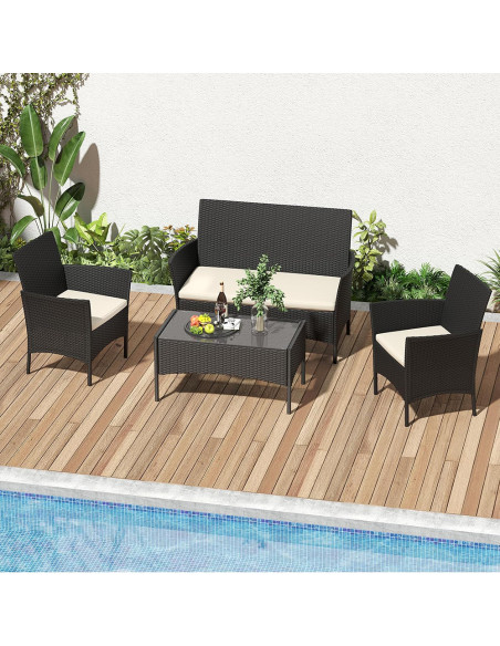 Set Divano da Esterno WATAMU 4 Posti in Polyrattan Nero con Tavolino e Cuscini