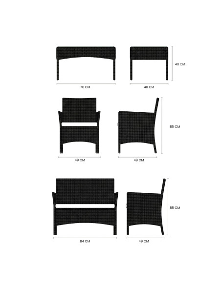 Set Divano da Esterno WATAMU 4 Posti in Polyrattan Nero con Tavolino e Cuscini