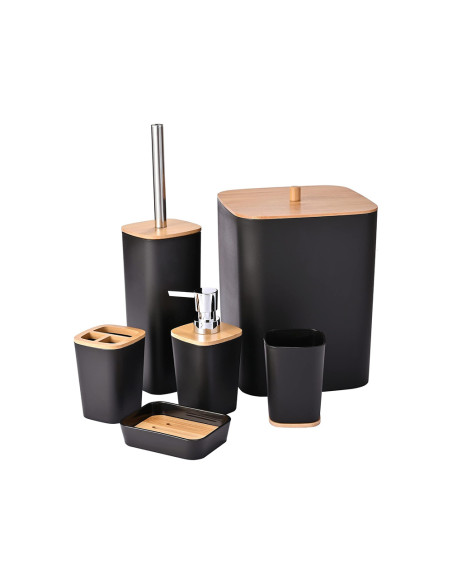 Set Accessori Bagno 6 Pezzi Moderno in Nero e Bambu con Scopino Cestino Rifiuti