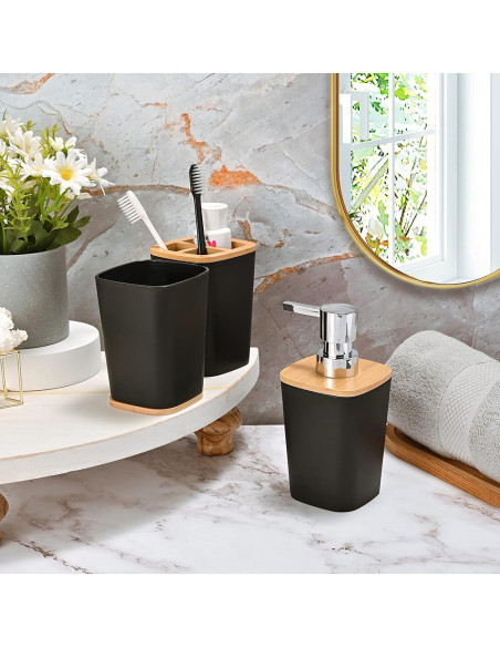Set Accessori Bagno 6 Pezzi Moderno in Nero e Bambu con Scopino Cestino Rifiuti
