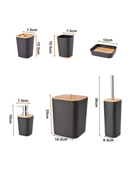 Set Accessori Bagno 6 Pezzi Moderno in Nero e Bambu con Scopino Cestino Rifiuti