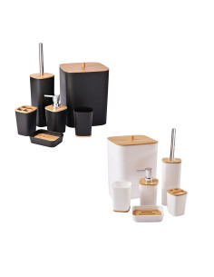 Set Accessori Bagno 6 Pezzi Moderno in Nero e Bambu con...