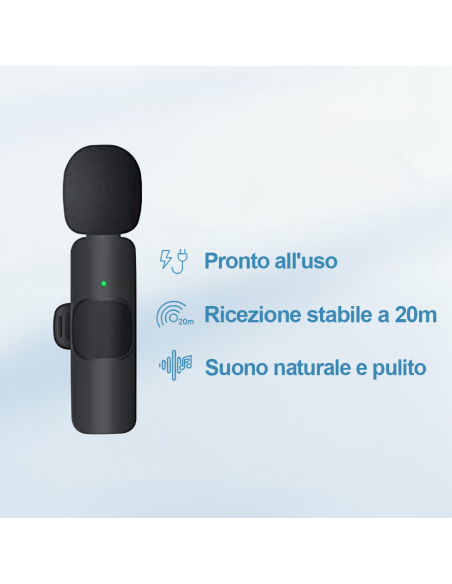 Microfono Wireless K9 Lavalier Plug e Play per iPhone e Type-C Portata 20m