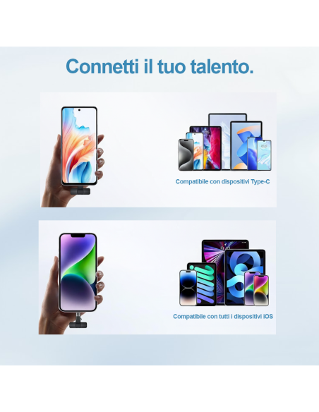 Microfono Wireless K9 Lavalier Plug e Play per iPhone e Type-C Portata 20m