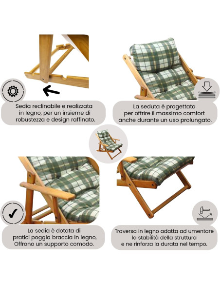 Poltrona Legno Relax Rondò MASLEGNO 3 Posizioni Cuscino Imbottito 100x90x73cm
