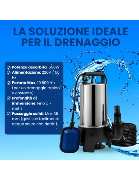 Elettropompa pompa professionale 7 metri cromata sommersa 550 Watt 10500 l/h