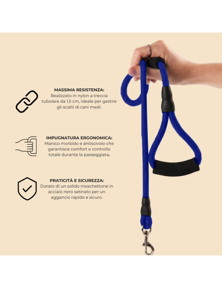 Guinzaglio a corda nylon 280120 cani taglia media 120 cm con moschettone nero