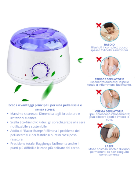 Kit con Fornello Scalda Cera, 50 Spatole in legno e Cera Depilatoria in grani