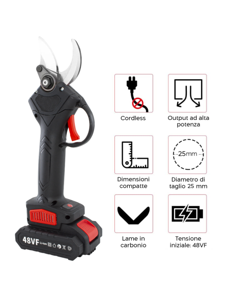 Forbici Elettriche Professionali Taglio 25mm Cesoie per Potatura Piante 48V-2Ah