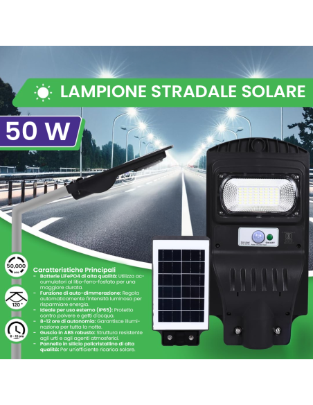 Lampione a ricarica solare 806001 telecomando e sensore movimento 60W 96 Led
