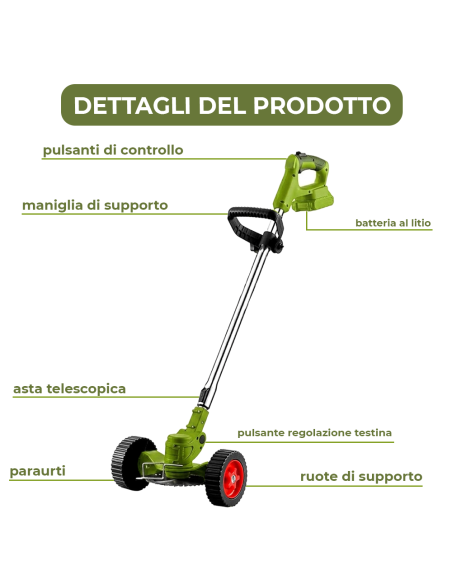 Decespugliatore Batteria V Ruote Rimovibili Tosaerba Telescopico 2 Batterie