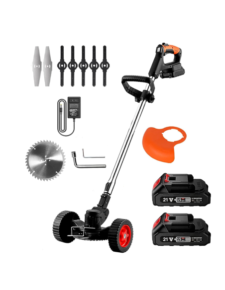 Decespugliatore Cordless 2 Batterie 21V con Ruote e Asta Telescopica Pieghevole