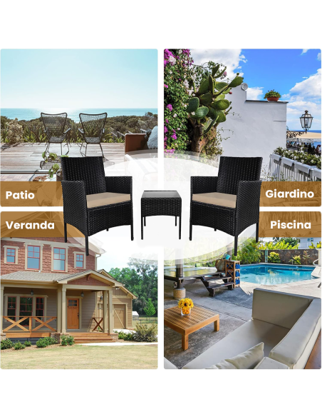 Set Malindi da Giardino con 2 Poltrone Cuscini e Tavolino Effetto Rattan