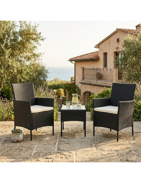 Set Malindi da Giardino con 2 Poltrone Cuscini e Tavolino Effetto Rattan
