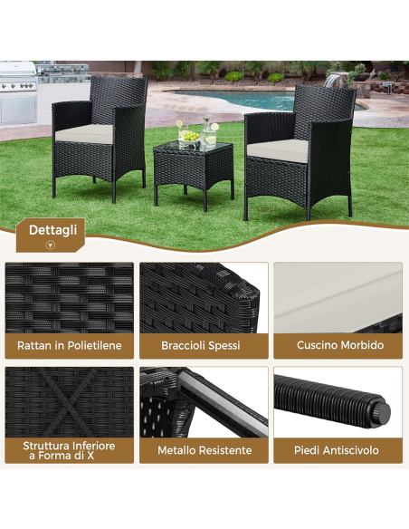 Set Malindi da Giardino con 2 Poltrone Cuscini e Tavolino Effetto Rattan