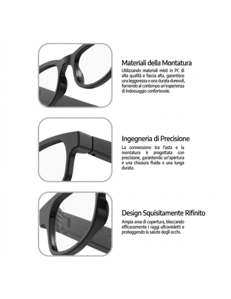 Occhiali Smart AI con Fotocamera 8MP Audio HIFI Bluetooth 5.4 WiFi 6 Leggeri