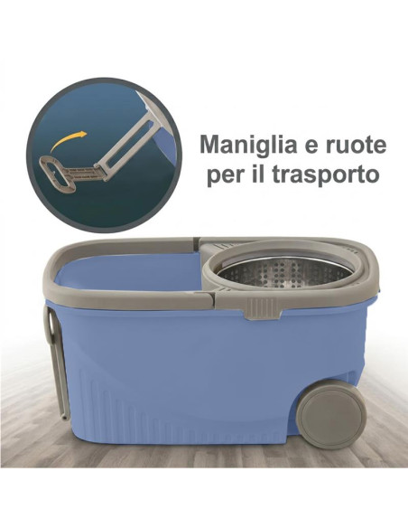 Set Lavapavimenti Secchio 15L Ruote e Mop 360 Centrifuga Autostrizzante