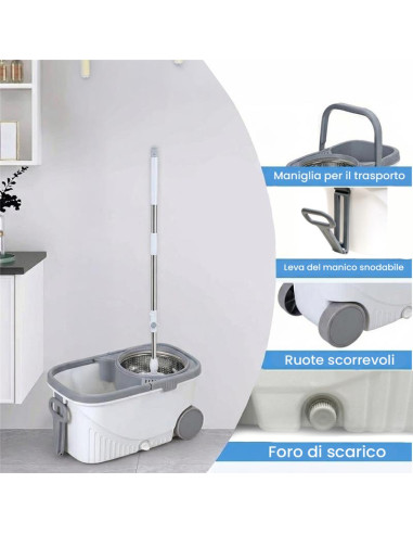 Set Lavapavimenti Secchio 15L Ruote e Mop 360...