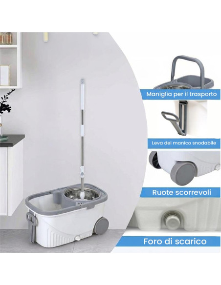 Set Lavapavimenti Secchio 15L Ruote e Mop 360 Centrifuga Autostrizzante