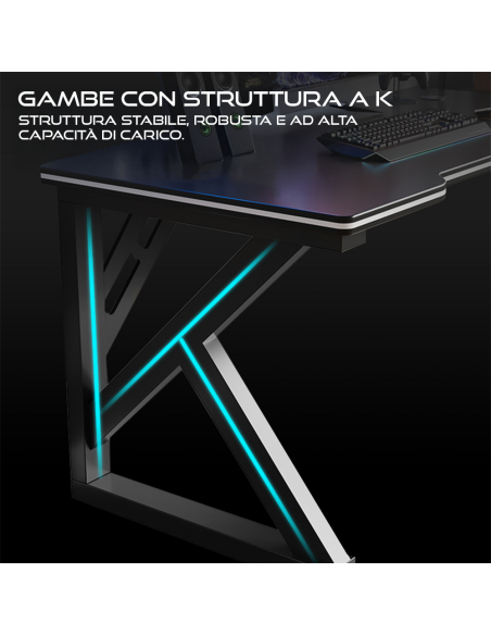 Scrivania Gaming Ergonomica 100x60x73H cm Tavolo PC Effetto Carbonio Passacavi