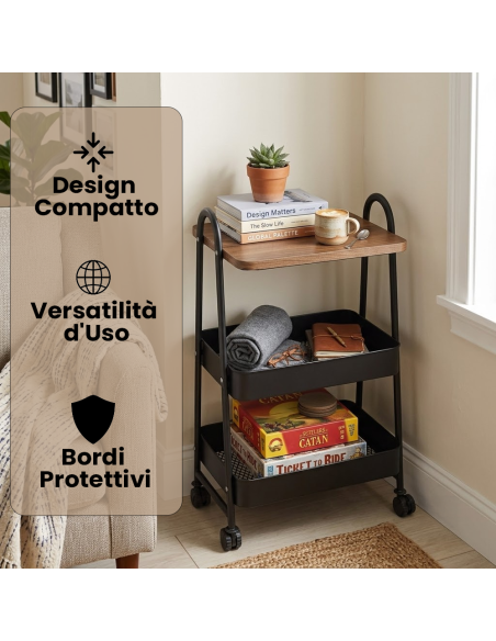 Carrello Multiuso 75x40x27 cm Carrellino Salvaspazio con Ruote e Cestelli