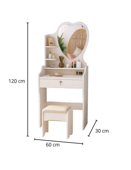 Toeletta Bambina Specchio cuore Cassetto e Sgabello MDF 50x35x120H cm