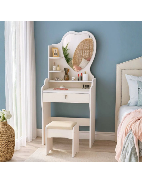 Toeletta Bambina Specchio cuore Cassetto e Sgabello MDF 50x35x120H cm