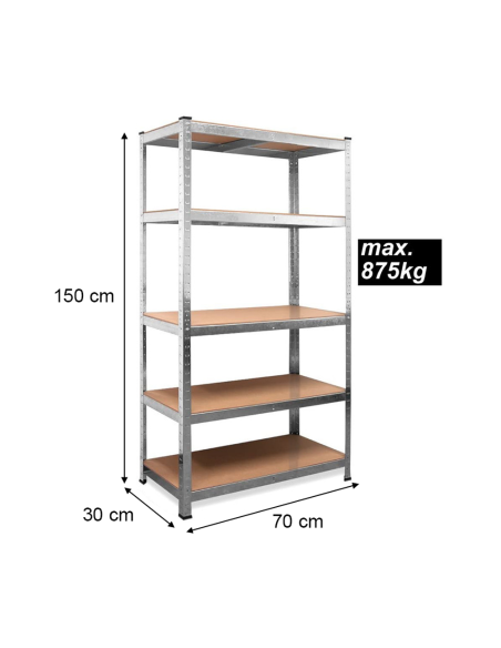Set 2 pz Scaffale 5 Ripiani Metallo MDF Modulare 150Hx70Lx30P cm portata 875kg