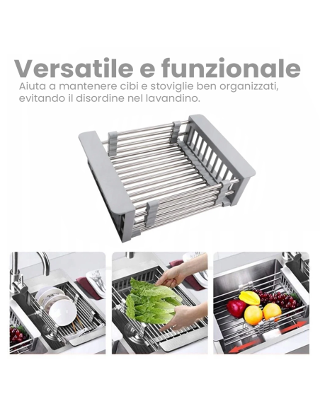 Scolapiatti Regolabile Telescopico da Lavello Cestello Estensibile 30 a 46 cm