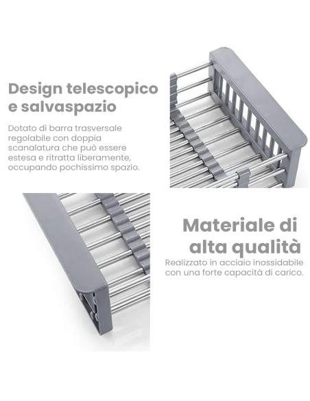 Scolapiatti Regolabile Telescopico da Lavello Cestello Estensibile 30 a 46 cm