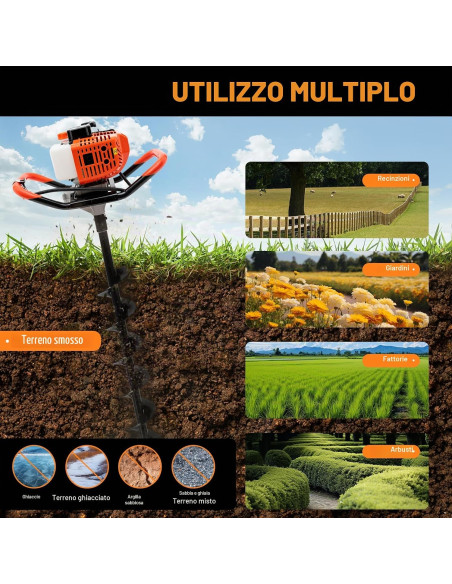 Trivella a Scoppio Motore 2 Tempi 52cc Prolunga 50cm e 3 punte 10-15-20cm