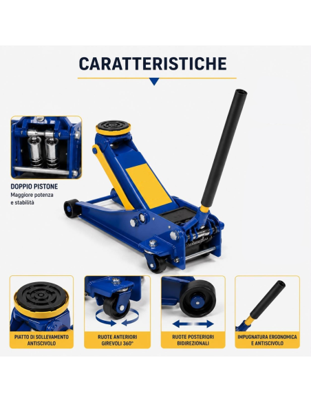 Cric Idraulico a Carrello 4 Tonnellate Sollevatore Ribassato Doppio Pistone