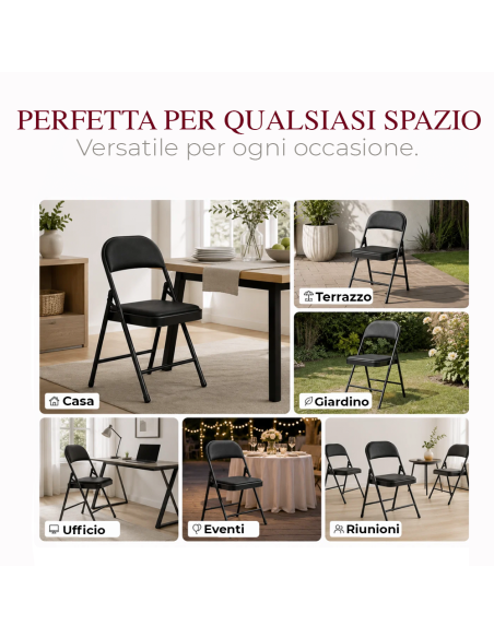 Set 6 Sedie Pieghevoli Metallo e Similpelle PU Sedute Imbottite Salvaspazio