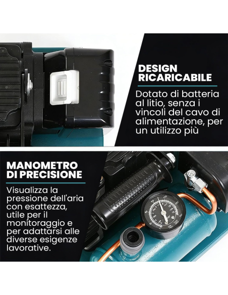 Compressore Aria Portatile 1,5L Brushless 18V Cordless Alta Pressione