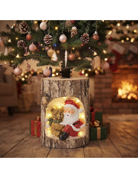 Base Albero Natale Tronco 35 cm con Babbo Natale e Orso LED Illuminata