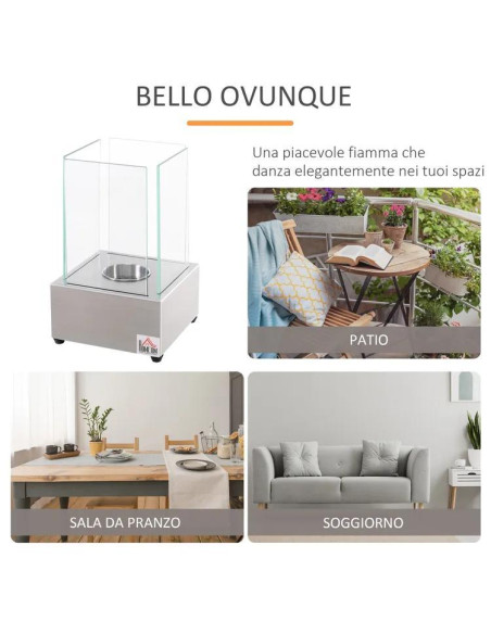 Biocamino da Tavolo 0.4 lt Bioetanolo 20x20x33cm Camino 1000W Vetro Temperato